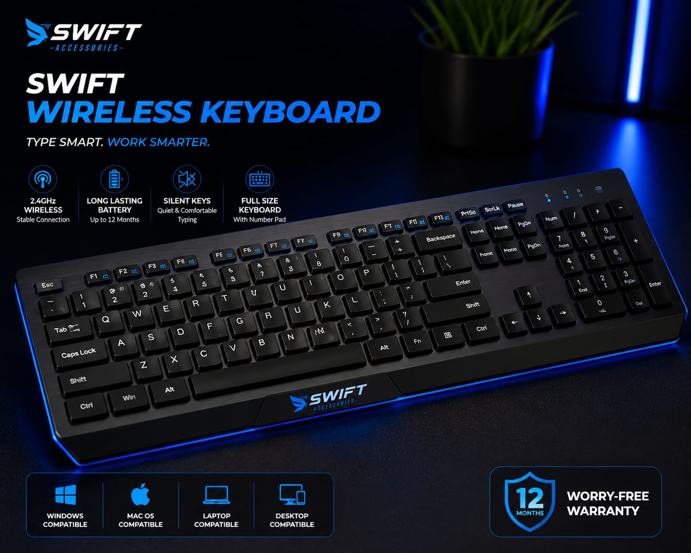 SWIFT Accessories full-size wireless keyboard with 2.4GHz connection and number pad