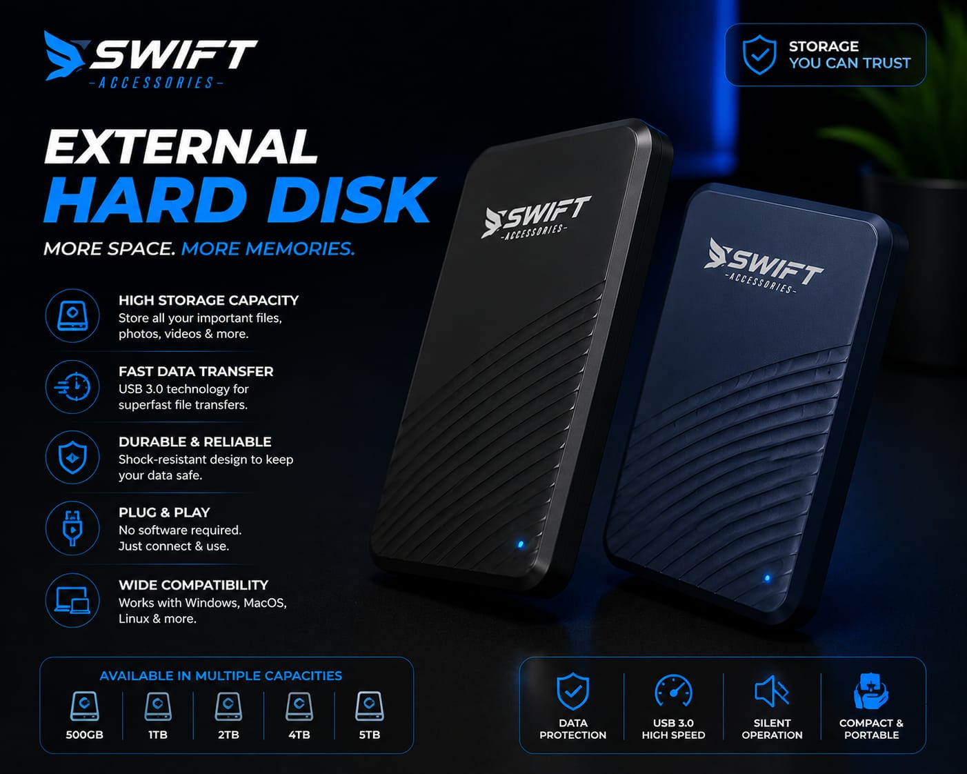 Swift portable external hard disk USB 3.0 with multiple storage capacities
