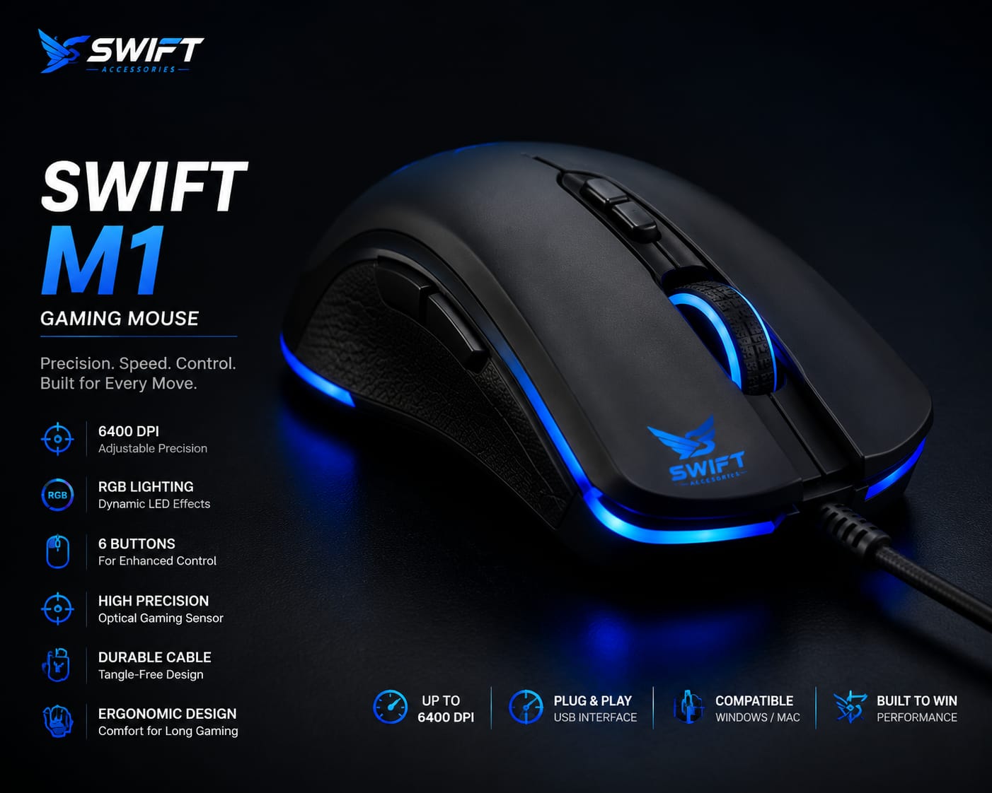 Swift M1 RGB gaming mouse with 6400 DPI and 6 buttonss
