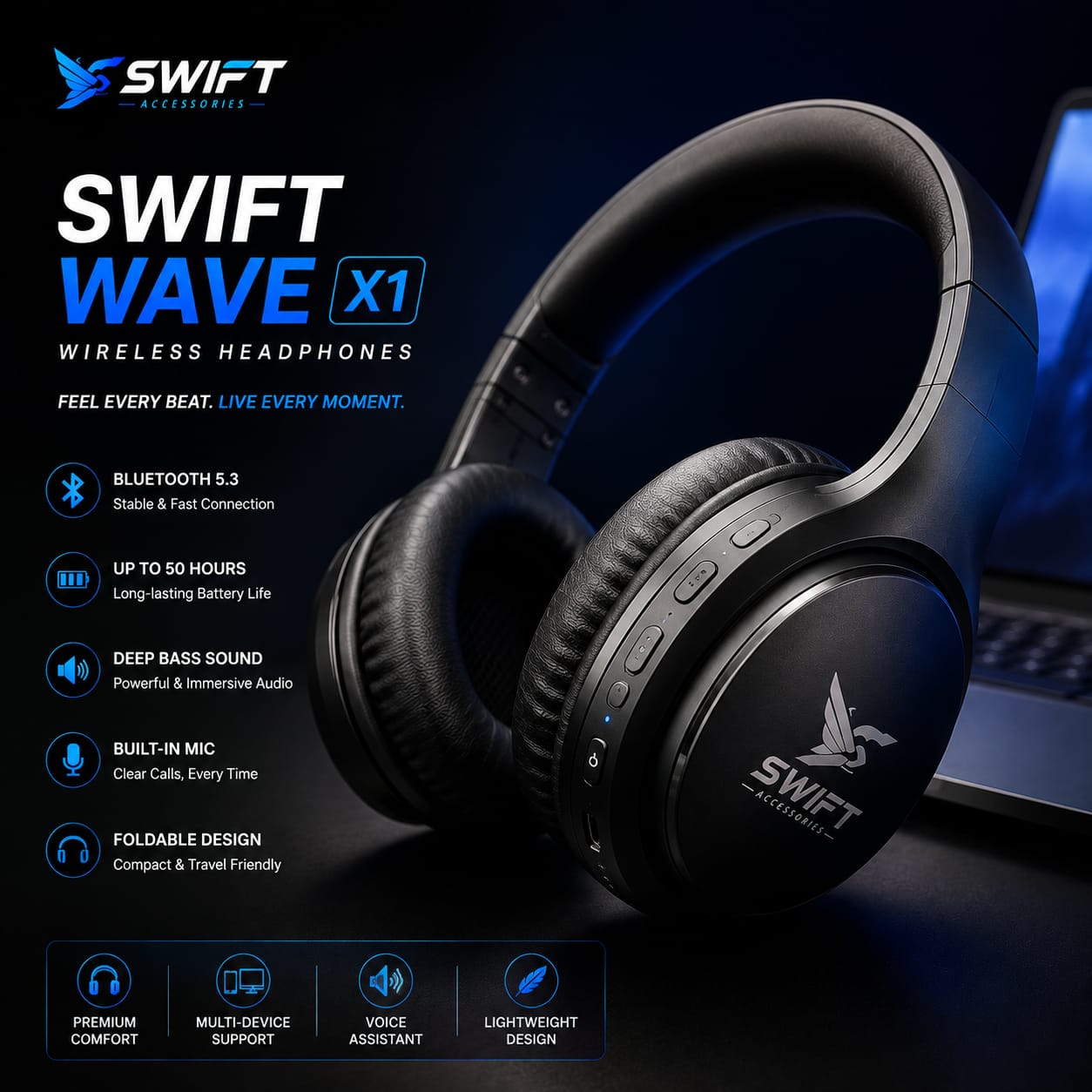SWIFT Wave X1 wireless headphones with Bluetooth 5.3 and built-in microphone 1