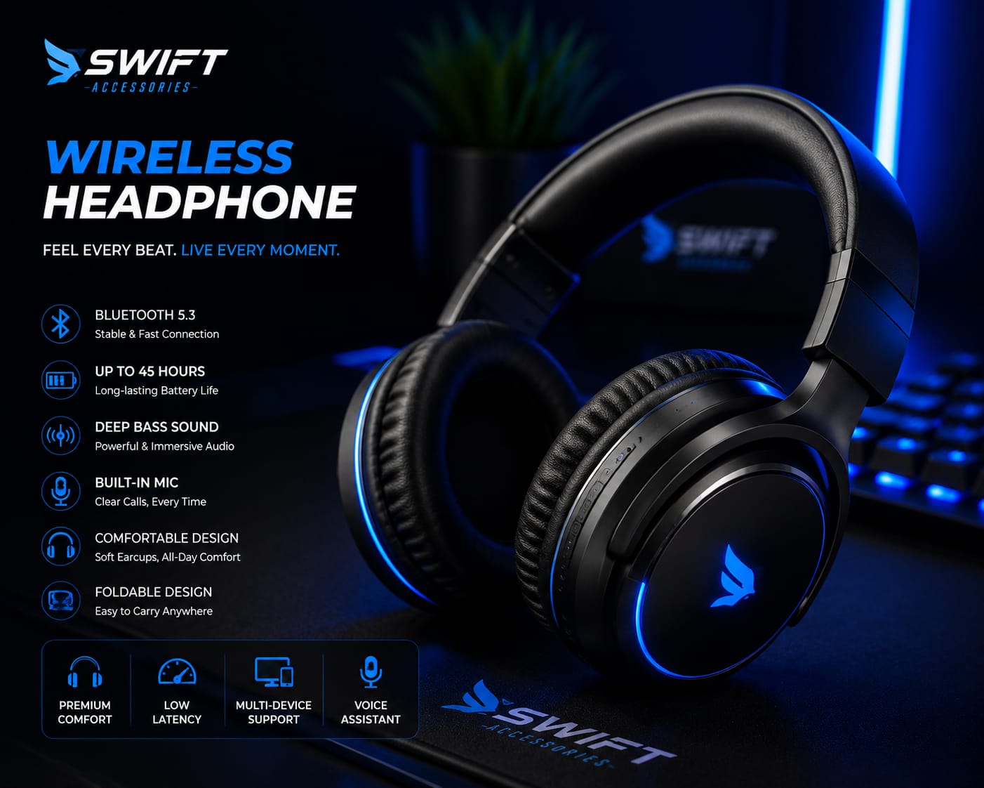 SWIFT Wave X1 wireless headphones with Bluetooth 5.3 and built-in microphone 2