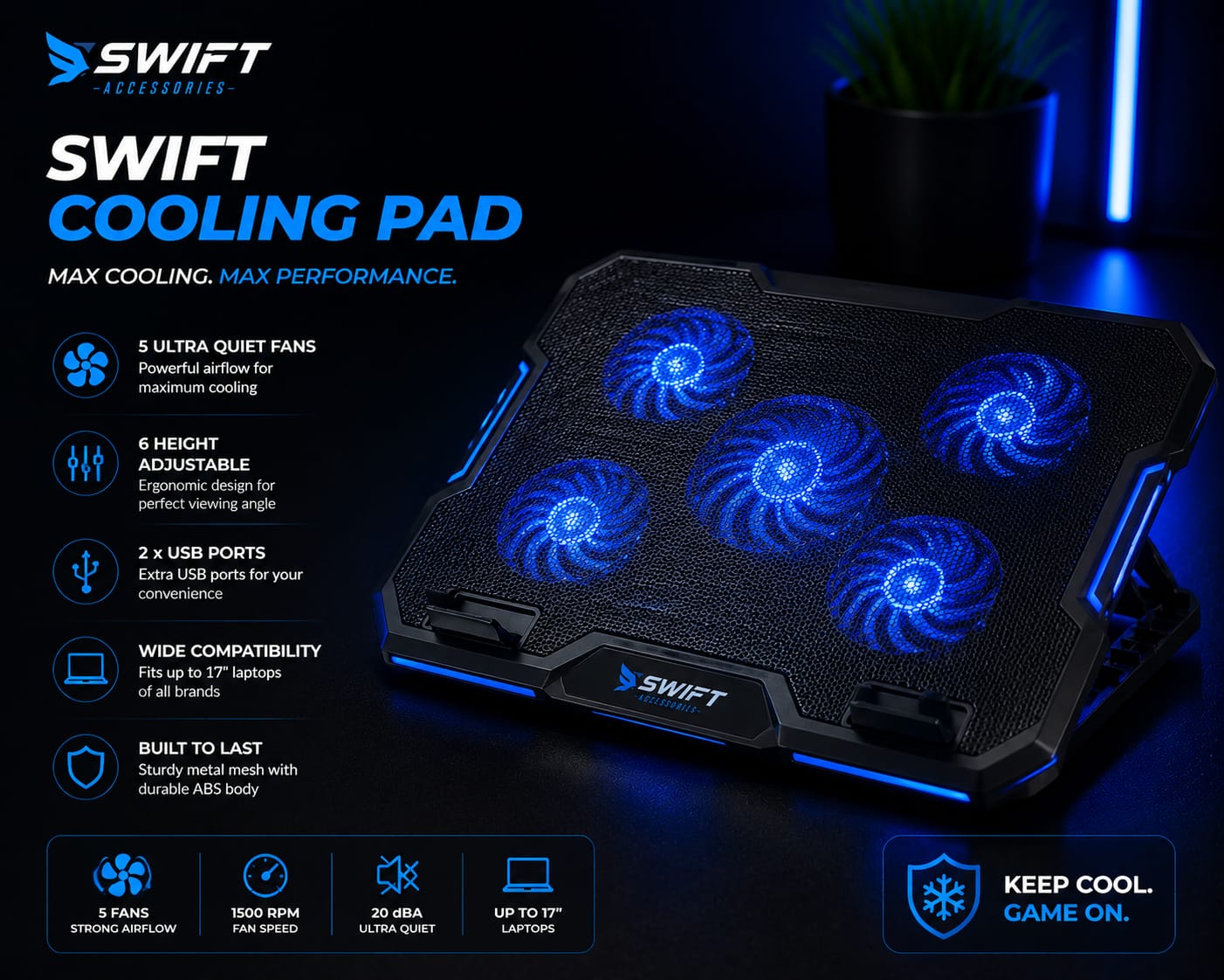 SWIFT laptop cooling pad for gaming and everyday laptop use