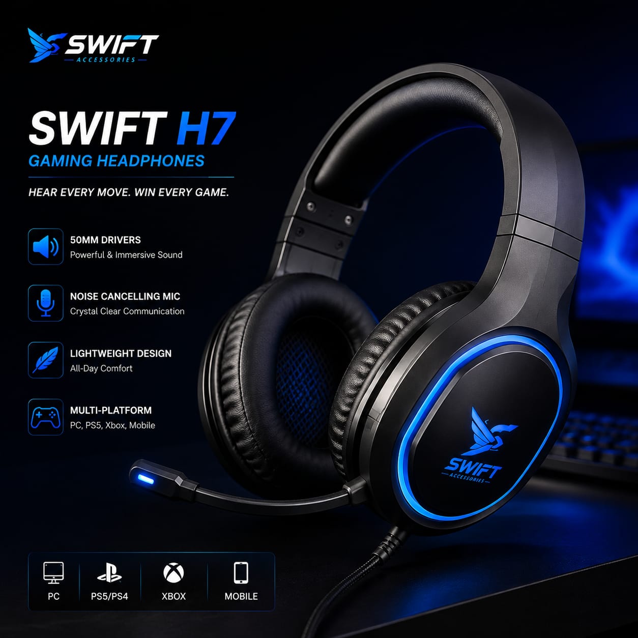 Swift H7 gaming headset with 50mm drivers and noise-cancelling microphone 1