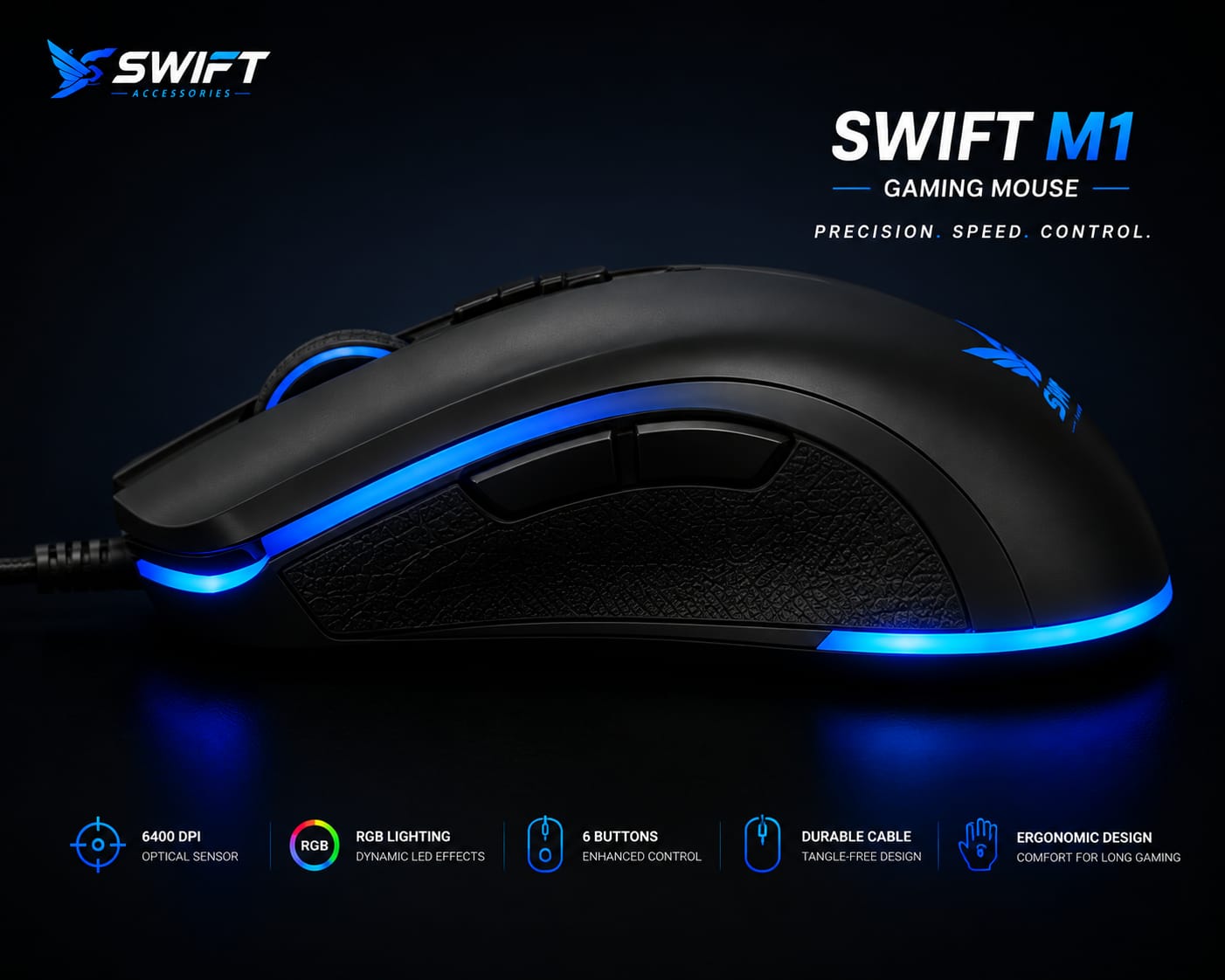 Swift M1 RGB gaming mouse with 6400 DPI and 6 buttons