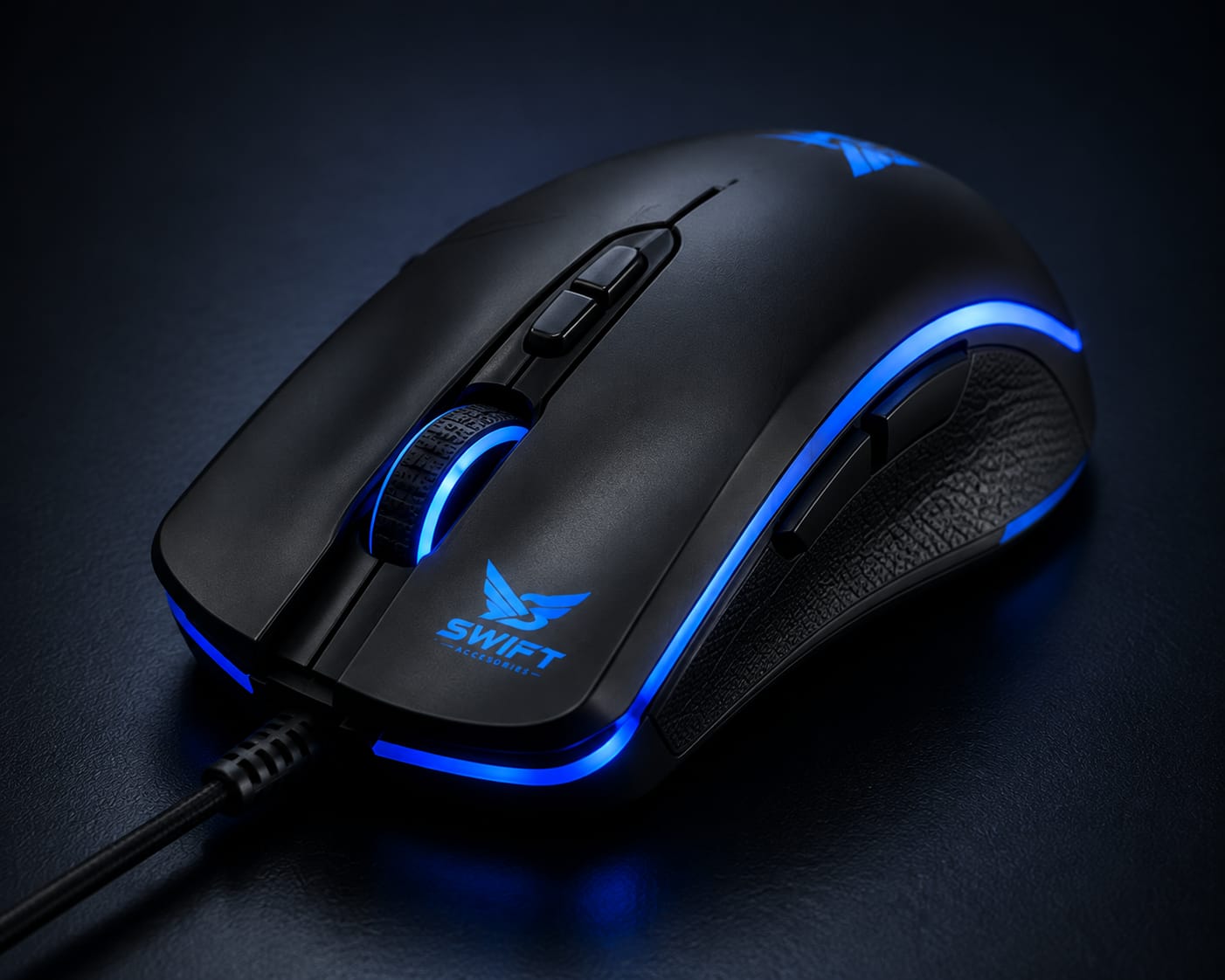 A black wired gaming mouse with blue LED lighting accents, featuring the SWIFT GAMING logo, shown on a dark textured surface.