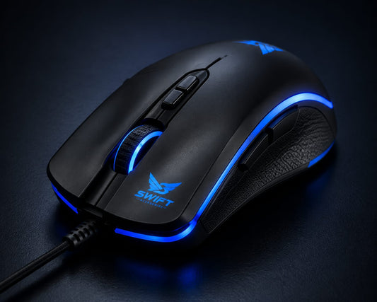 A black wired gaming mouse with blue LED lighting accents, featuring the SWIFT GAMING logo, shown on a dark textured surface.